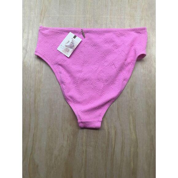 JESSICA SIMPSON Women's Pretty in Pique High-Waist Bikini Bottom Pink (Medium) - Picture 3 of 3